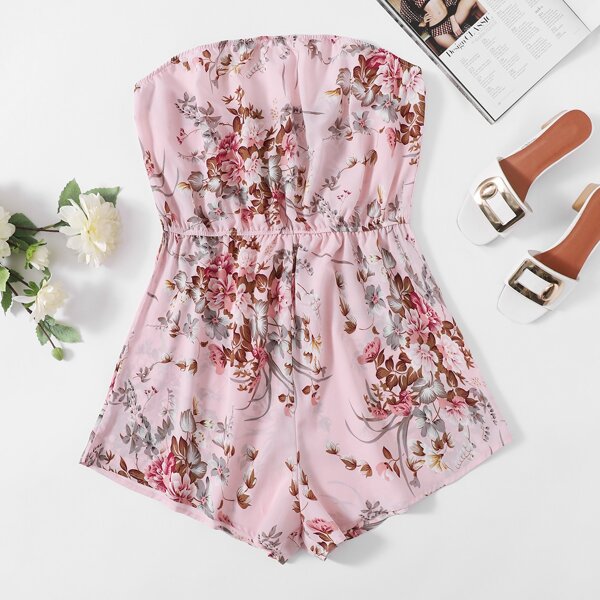 

Plus Floral Print Tube Romper, Pink