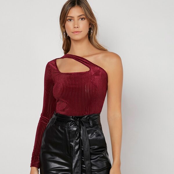 

One Shoulder Rib-knit Velvet Tee, Maroon