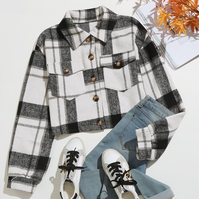 

Wool-Mix Fabric Plaid Button Front Pocket Jacket, Black and white
