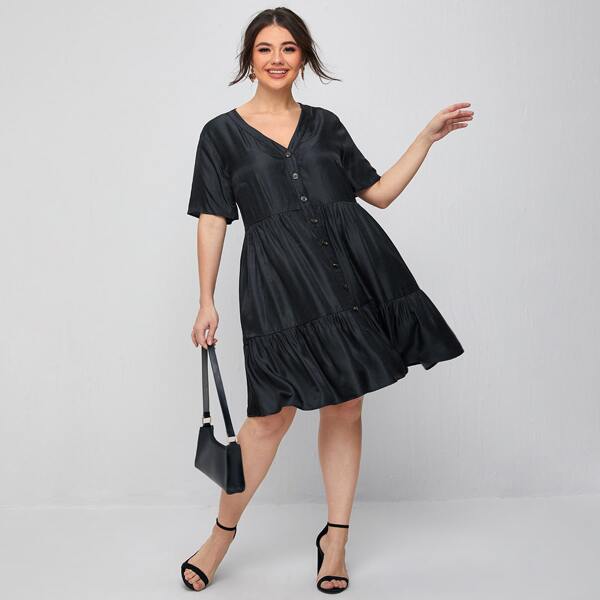 

Plus Single Breasted Ruffle Hem Smock Dress, Black