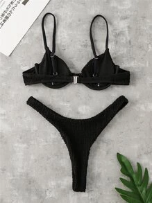 SHEIN Swim Summer Beach Solid Textured Underwire High Cut Bikini Set - Black - View 2