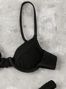 SHEIN Swim Summer Beach Solid Textured Underwire High Cut Bikini Set - Black - View 3