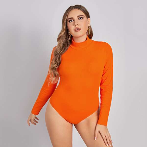 

Plus Neon Orange High Neck Solid Form Fitted Bodysuit, Orange neon