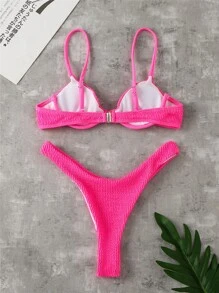 SHEIN Swim Summer Beach Neon Pink Textured Underwire High Cut Bikini Set - Pink - View 2