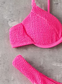 SHEIN Swim Summer Beach Neon Pink Textured Underwire High Cut Bikini Set - Pink - View 3