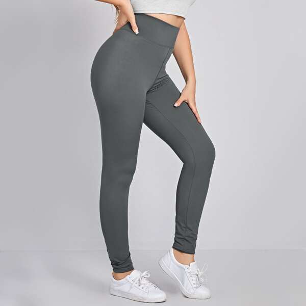 

Plus Wide Waistband Solid Leggings, Dark grey