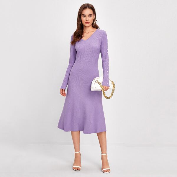 

Pearl Beaded Solid Sweater Dress, Lilac purple
