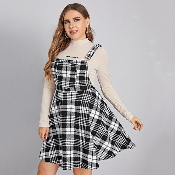 

Plus Patch Pocket Plaid Pinafore Dress Without Tee, Black and white