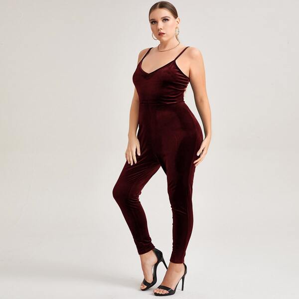 

Plus High Waist Velvet Unitard Jumpsuit, Maroon