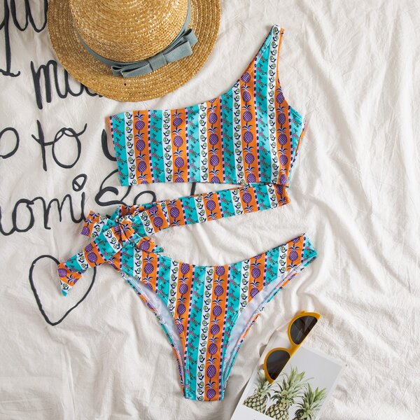 

Pineapple Print One Shoulder Bikini Swimsuit, Multicolor