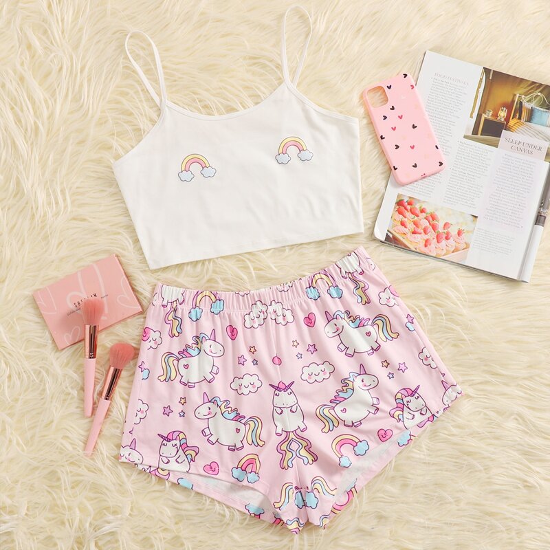 

Cartoon Unicorn Print Shorts PJ Set, Multicolor