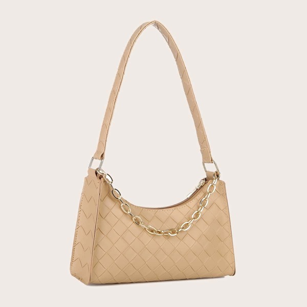 

Chain Decor Woven Pattern Baguette Bag, Khaki