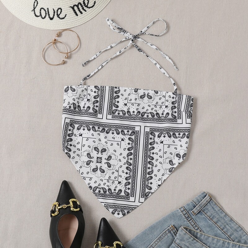 

Paisley Pattern Tie Back Halter Top, Black and white
