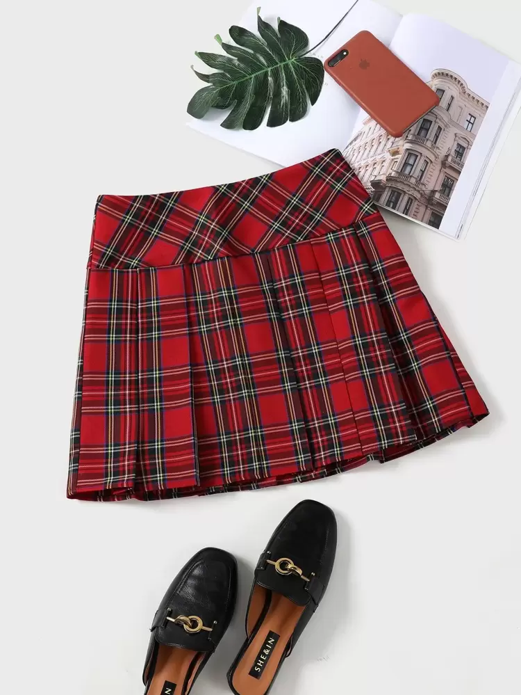 Zip Side Tartan Pleated Skirt