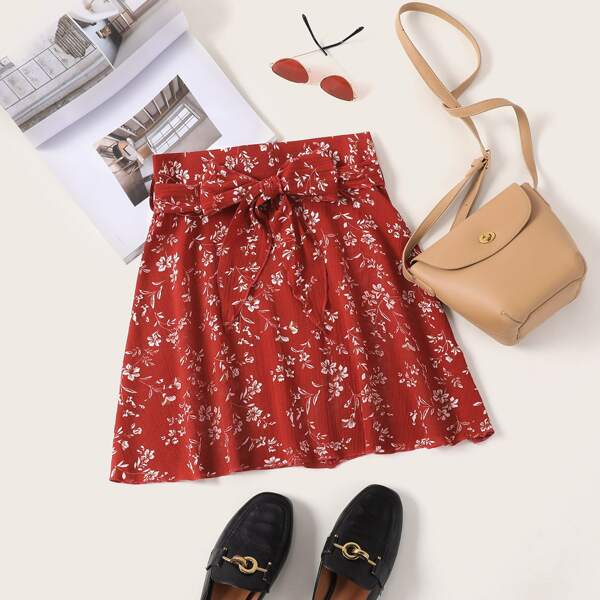 

Ditsy Floral Belted Skirt, Red