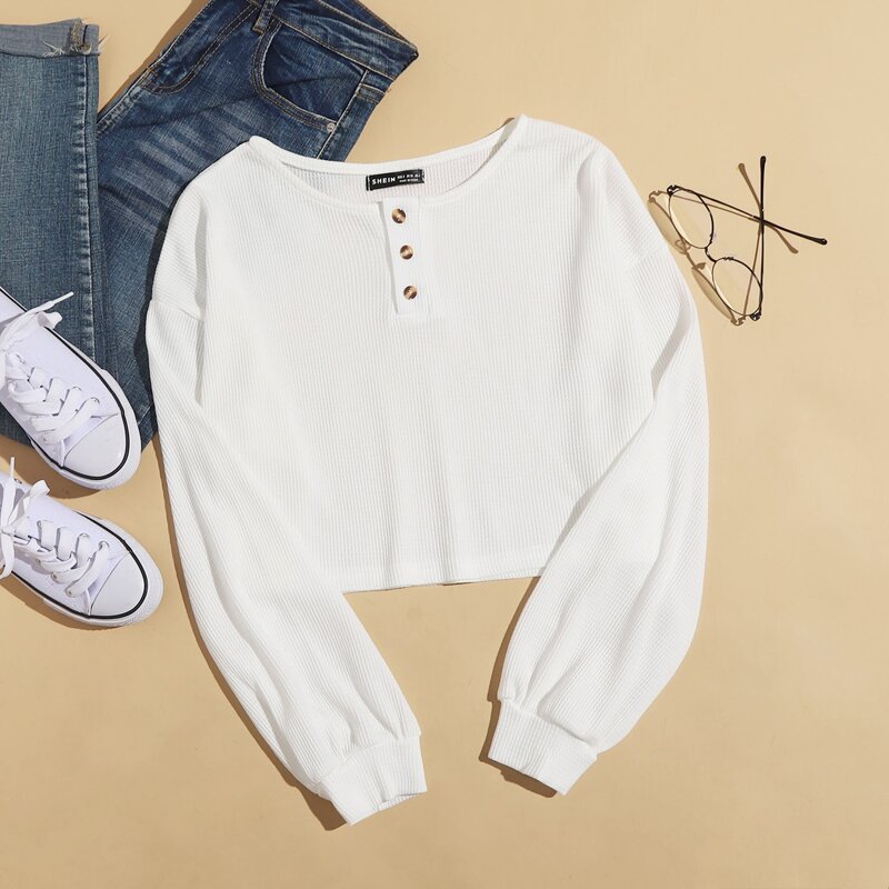 

Half Button Drop Shoulder Crop Tee, White