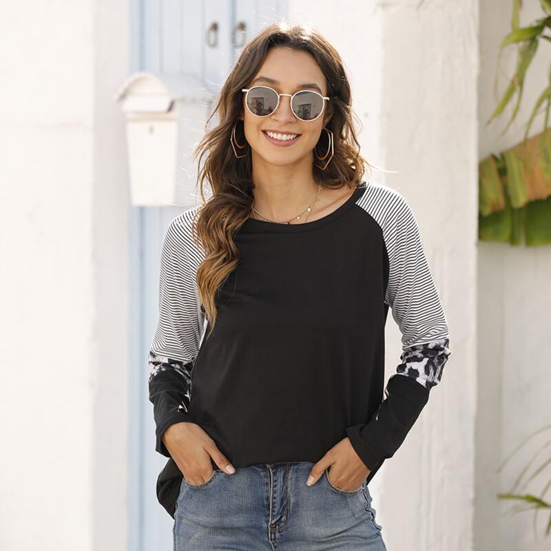 

Striped & Leopard Raglan Sleeve Tee, Black