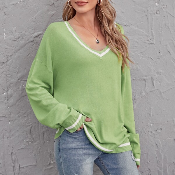 

Striped Trim Sweater, Lime green