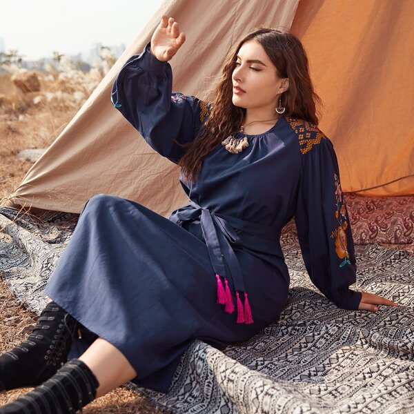 

Plus Floral Embroidered Lantern Sleeve Tassel Belted Dress, Navy blue
