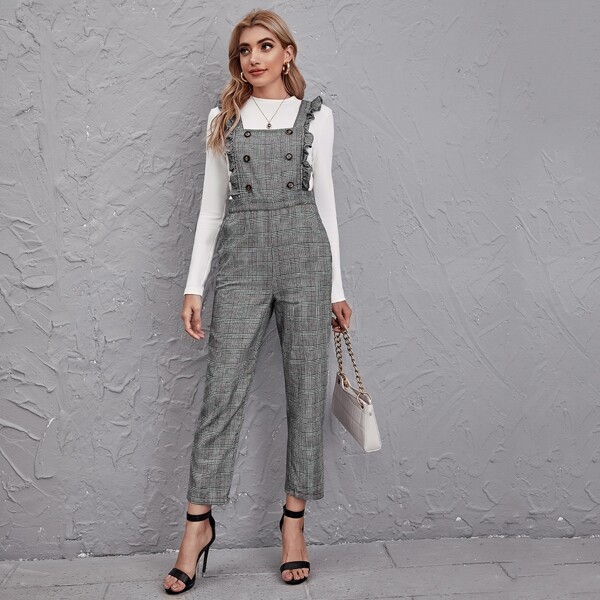 

Ruffle Strap Double Breasted Plaid Overall Jumpsuit, Black and white