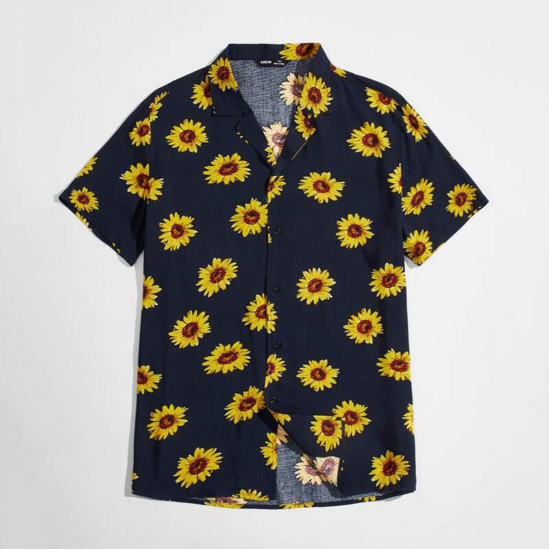 

Guys Revere Collar Sunflower Print Shirt, Navy blue