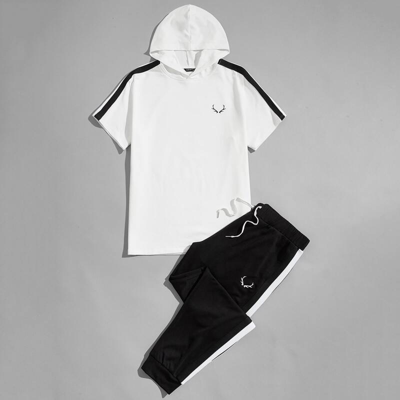 

Guys Striped Side Graphic Print Hooded Top & Joggers Set, Black and white