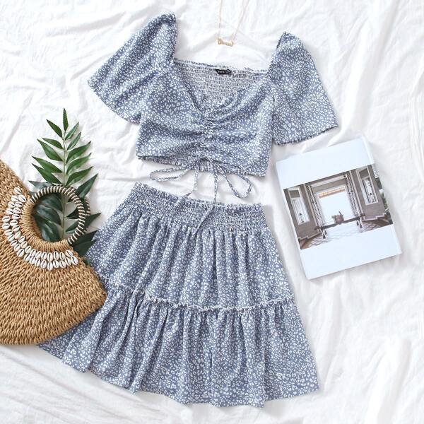 

Shirred Back Drawstring Leopard Top & Skirt Set, Dusty blue