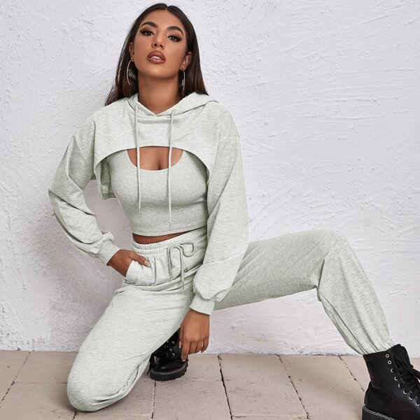 

Super Crop Drawstring Hoodie With Tank & Joggers Set, White