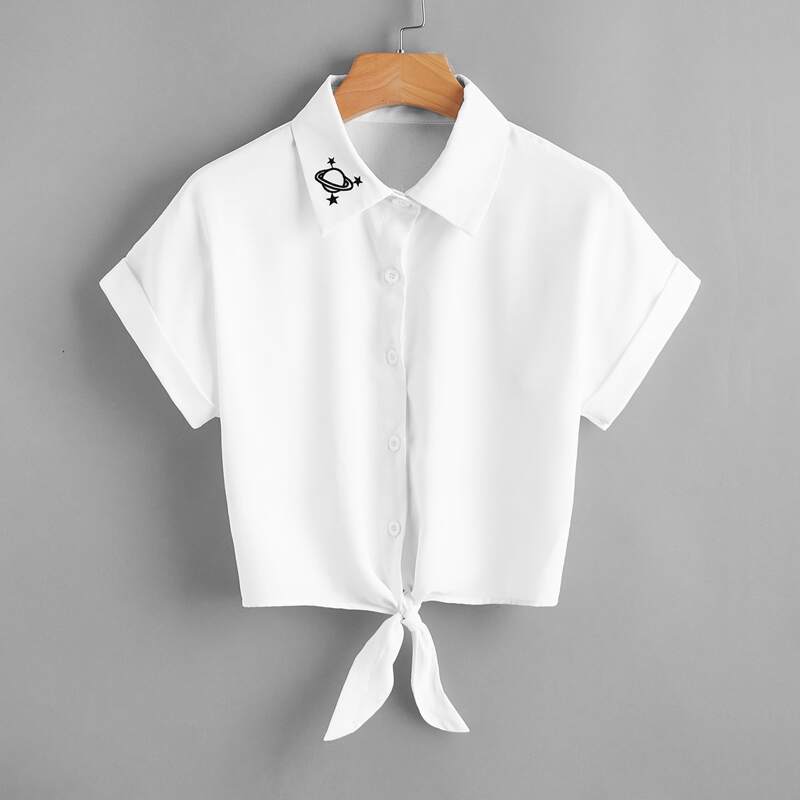 

Planet Embroidery Button Front Knot Blouse, White