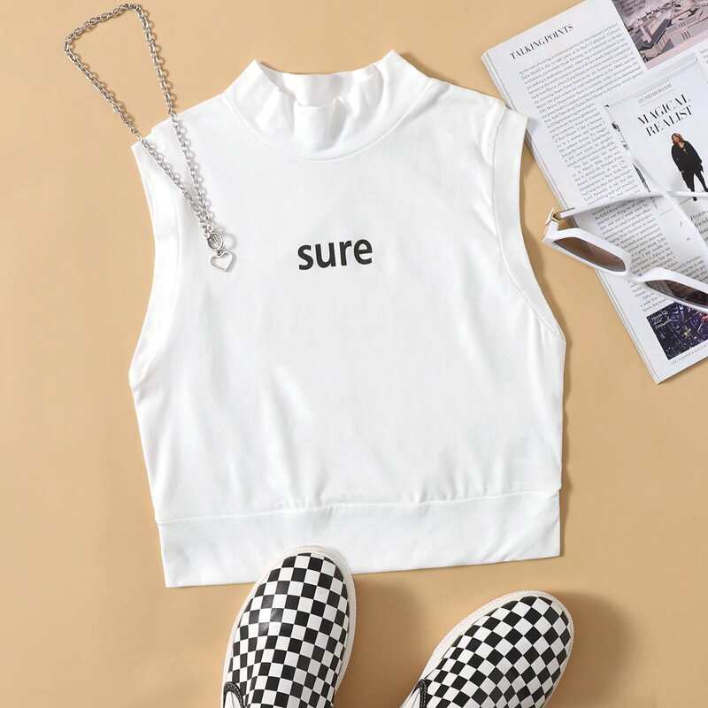 

Letter Graphic Mock Neck Tank Top, White