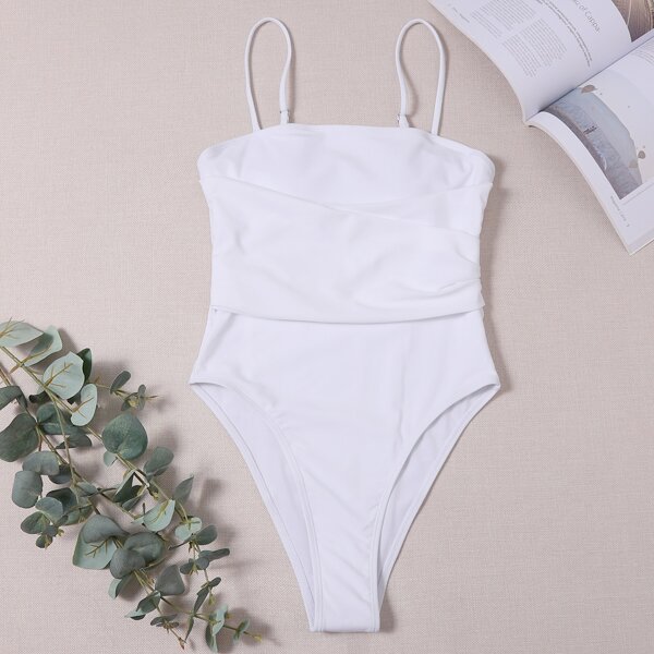 

Plain Ruched Front One Piece Swimsuit, White