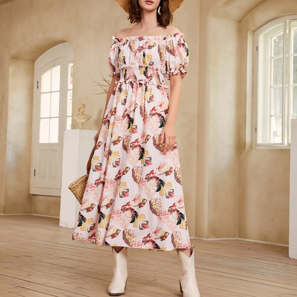 

Pineapple Print Bardot Shirred A-line Dress, Multicolor