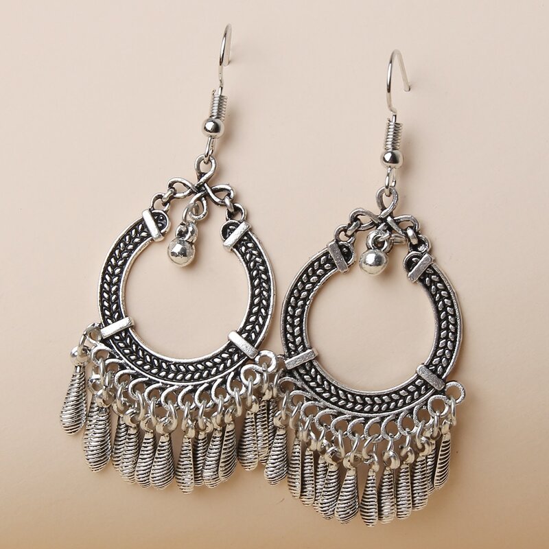 

Tassel Round Dangle Earrings, Antique silver