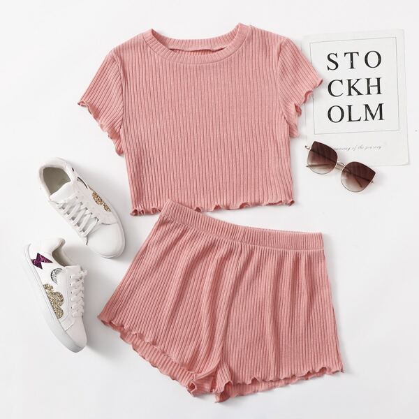 

Rib Knit Lettuce Trimed Lounge Set, Dusty pink