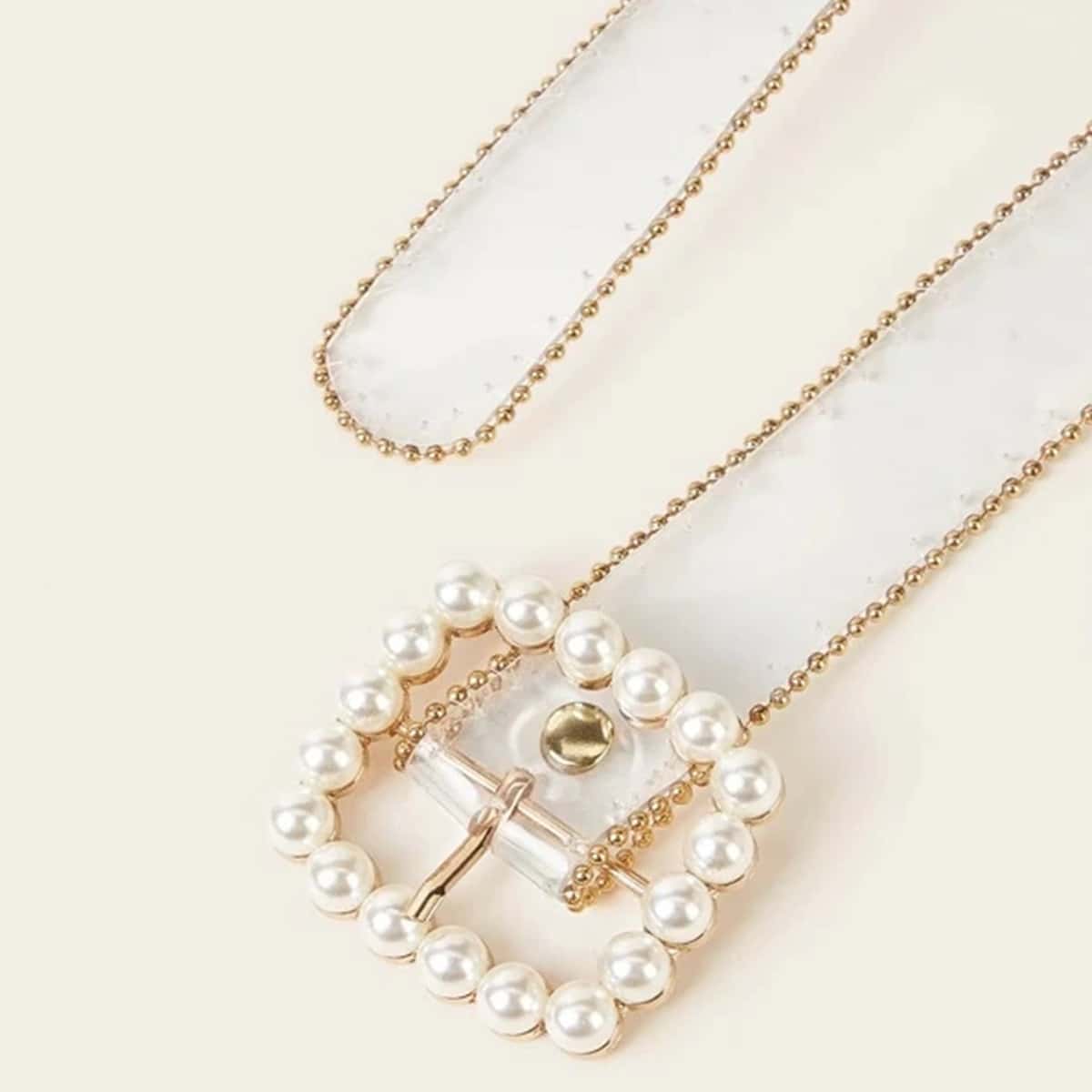 

Beaded Trim Faux Pearl Buckle Clear Belt