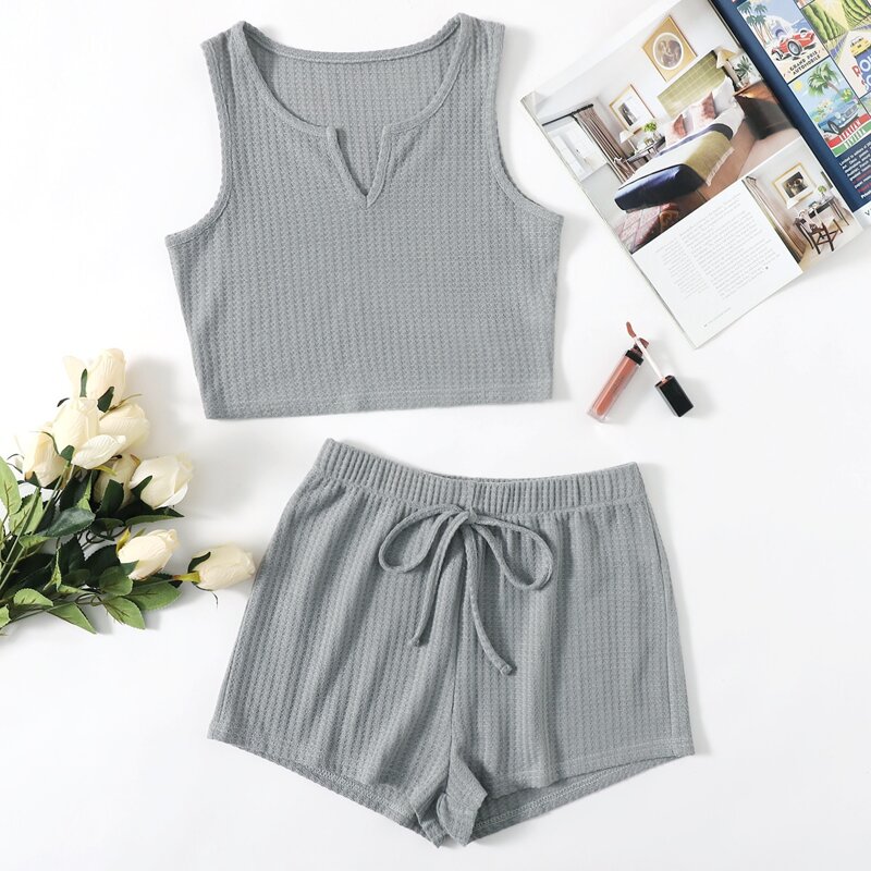 

Notch Neck Tank Top With Knot Shorts Lounge Set, Grey