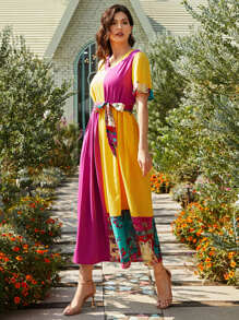 Divindia Contrast Floral Colorblock Belted Ethnic Dress - Multicolor - View 1