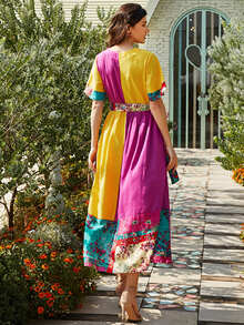 Divindia Contrast Floral Colorblock Belted Ethnic Dress - Multicolor - View 2