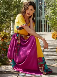 Divindia Contrast Floral Colorblock Belted Ethnic Dress - Multicolor - View 3