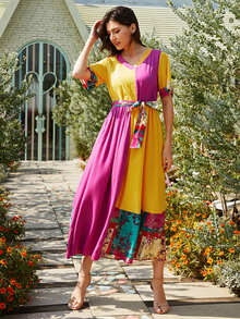 Divindia Contrast Floral Colorblock Belted Ethnic Dress - Multicolor - View 4