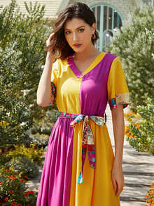 Divindia Contrast Floral Colorblock Belted Ethnic Dress - Multicolor - View 5