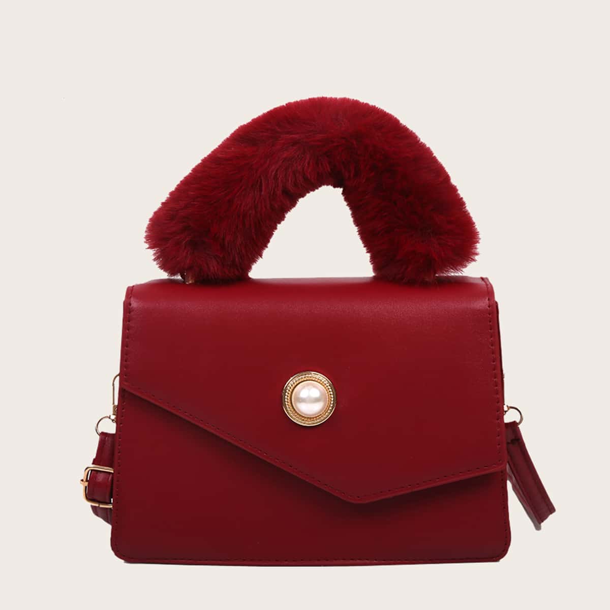 

Faux Pearl Decor Fluffy Handle Satchel Bag, Red