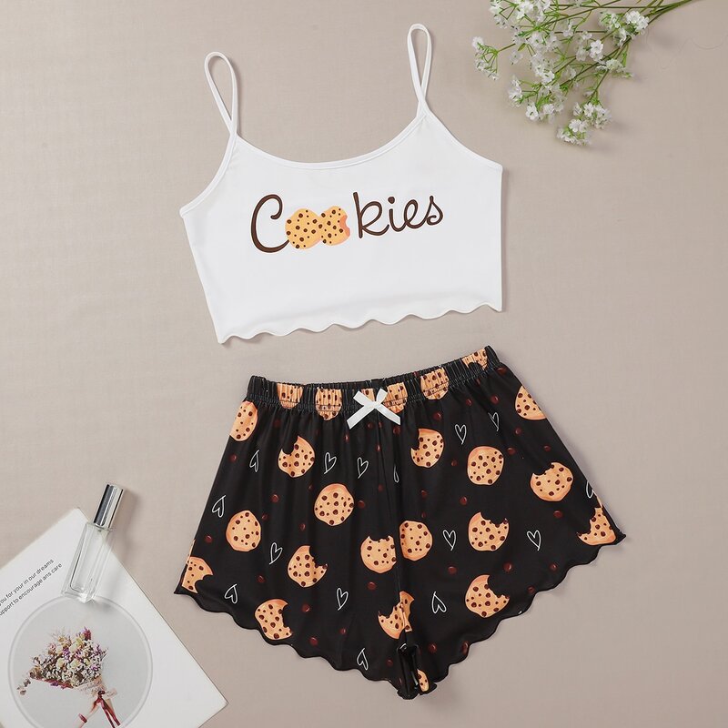 

Cookie And Letter Graphic Pajama Set, Black and white