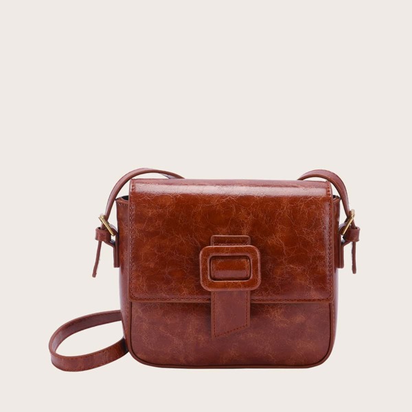 

Buckle Strap Flap Crossbody Bag, Brown