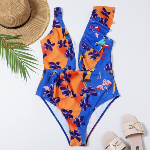 

Floral Ruffle Trim One Piece Swimsuit, Multicolor