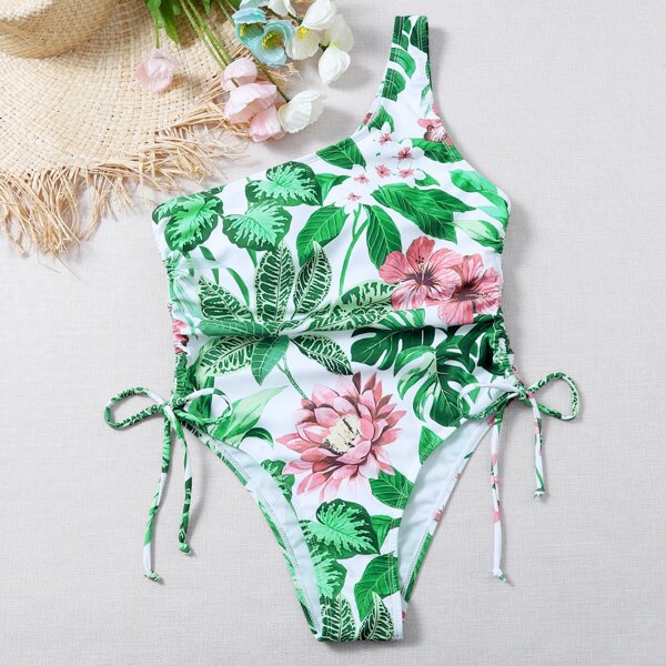 

Leaf & Floral One Shoulder One Piece Swimsuit, Multicolor