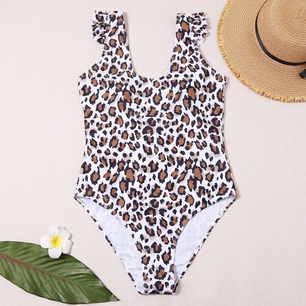 

Leopard Ruffle Trim One Piece Swimsuit, Multicolor