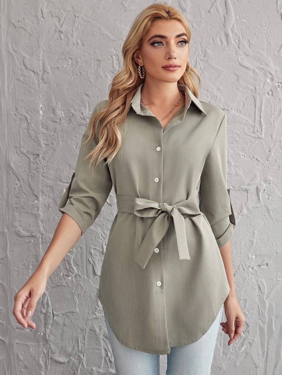 Rolled Tab Sleeve Self Belted Blouse - Army Green - View 1