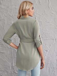Rolled Tab Sleeve Self Belted Blouse - Army Green - View 2