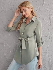 Rolled Tab Sleeve Self Belted Blouse - Army Green - View 4